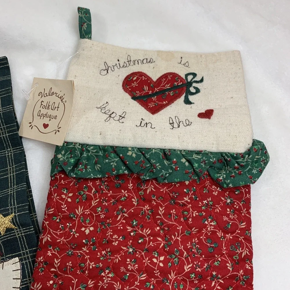 Vtg Valorie's Folk Art Appliqué Red Green Christmas Stockings & Angel Hand Towel